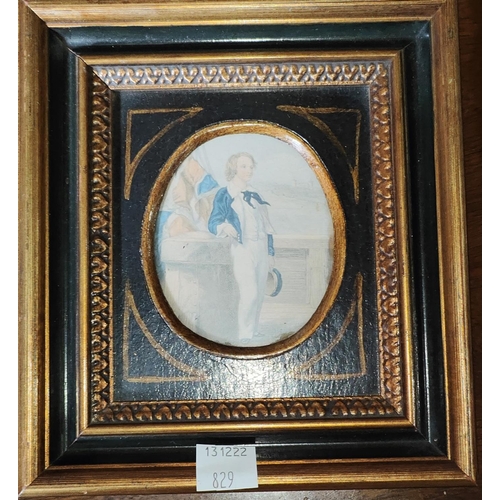 845A - Three 19th century prints of children; a miniature print of a young sailor, all framed and glazed.