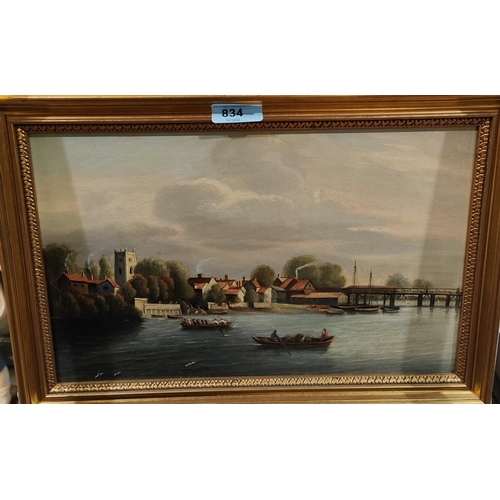 843B - 19th century school, River Landscape with rowing boats, bridge and church, oil on canvas, unsigned, ... 