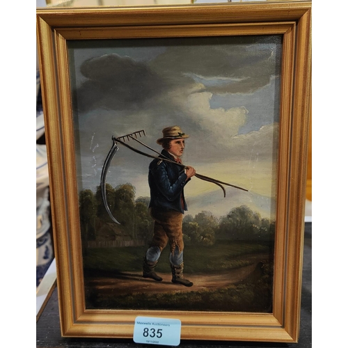 843A - Early 19th century school, Man on country Path with Scythe & Rake, oil on board, unsigned 22 x 1... 