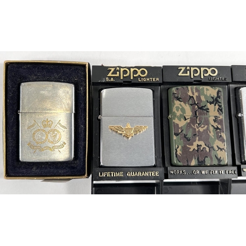 110 - Six military Zippo lighters four with American relief emblems for US Navy, Airforce, Naval Admiralty... 