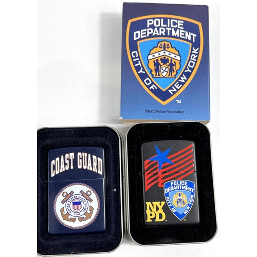 111 - Three American Police Department Zippo lighters in matt finish, two New York, 1 Los Angeles, an FBI ... 