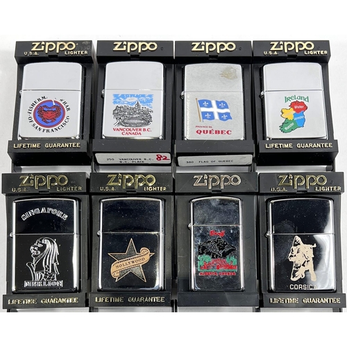 117 - Eight various Zippo lighters for countries, cities etc - Corsica, Singapore, Hollywood, Alberta Cana... 