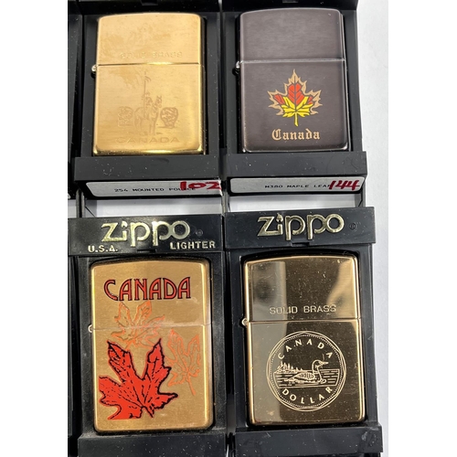 118 - Eight various zippo lighters:  Canada & Canadian Provinces; Canada, brass; Canada black map... 