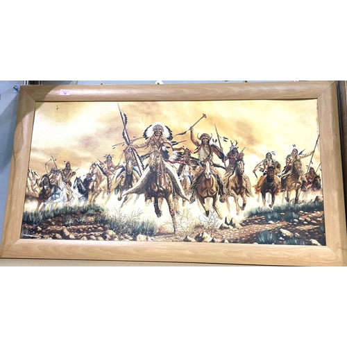 12 - A large print of Native American warriors on horseback;a large oil on board of a boat moored on rock... 