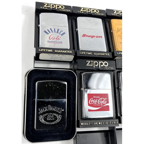 126 - Eight various alcohol related Zippo lighters:  Jim Beam, brass, Jim Beam 200th anniversary; Jac... 