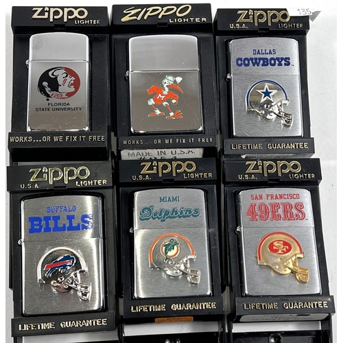 135 - Six Zippo lighters relating to American Football teams:  Miami Dolphins; Dallas Cowboys; Buffalo Bil... 