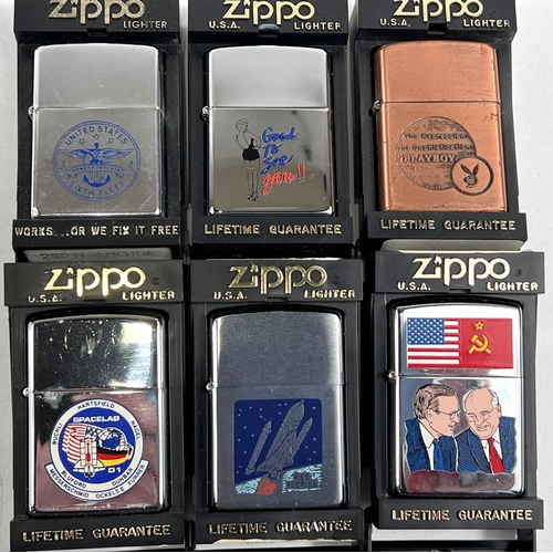 136 - Six Zippo lighters:  Space Lab 01; Space Shuttle KSC Florida; Bush & Gorbachev; US 6th Fleet pin... 