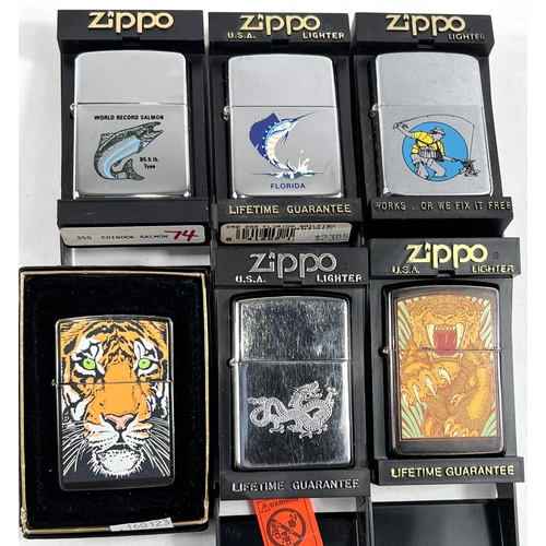 137 - Six Zippo lighters:  lion; tiger; dragon; Florida marlin; world record salmon; another fishing ... 