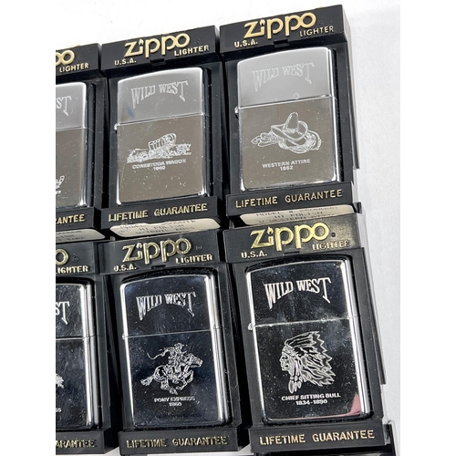 138 - Six Zippo 'Wild West' collection lighters:  Western Attire 1862; Conestage wagon 1840; Wyatt Ea... 