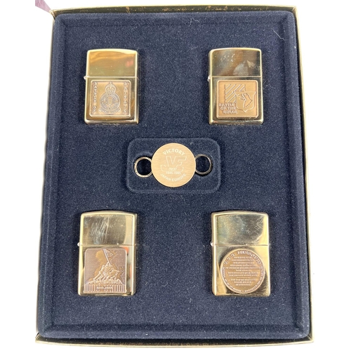 155 - A Zippo WWII Commemorative lighter set in leather style box, with remembrance sheet:  Battle of... 