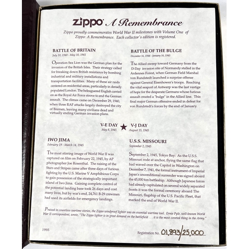 155 - A Zippo WWII Commemorative lighter set in leather style box, with remembrance sheet:  Battle of... 