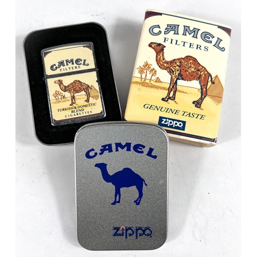 156 - A tin cased Zippo lighter advertising Camel, Turkish & Domestic blend cigarettes with original s... 