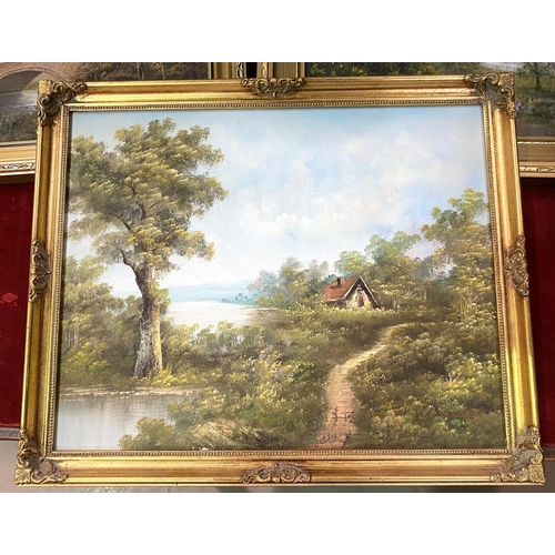 19 - A selection of gilt framed oil paintings and water colours