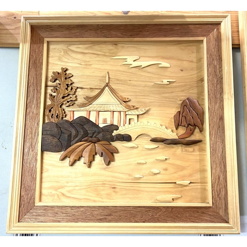 21 - Five carved wood/marquetry pictures