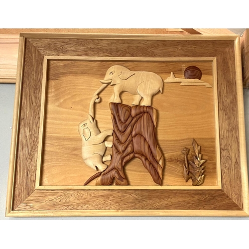 21 - Five carved wood/marquetry pictures