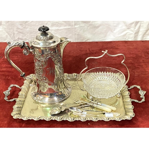 31 - A silver plated hot water pot with monogram, a plated tray etc