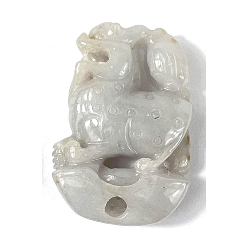 372 - Two Chinese jade coloured hard stone carved animals, one a ram lying down length 5.5, the other a do... 