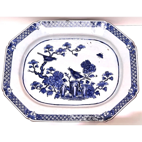 383 - A 19th century very large Chinese meat platter in blue and white with canted rectangular shaped with... 