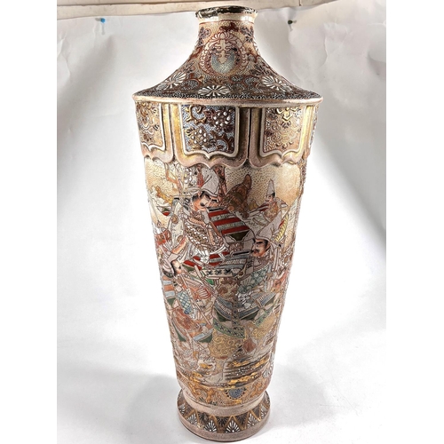 407 - A tall Japanese satsuma crackle glaze vase decorated with warriors in panels, gilt decoration with c... 