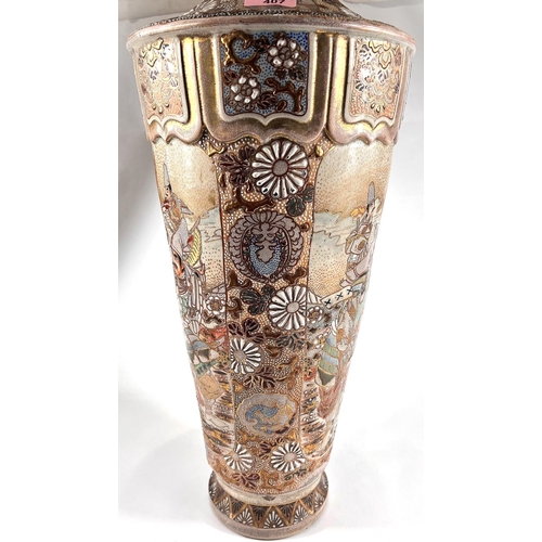 407 - A tall Japanese satsuma crackle glaze vase decorated with warriors in panels, gilt decoration with c... 