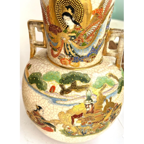 417 - A pair of decorative Japanese satsuma crackle glaze vases decorated with female and warrior seated, ... 