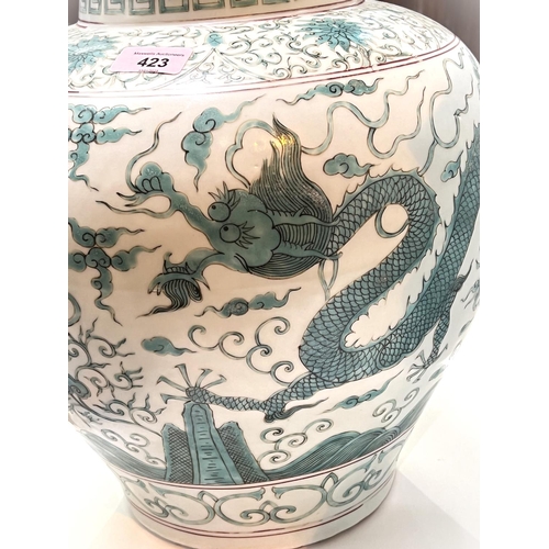 423 - A large Chinese globular shaped dragon vase with turquoise and red decoration, 6 character mark to b... 