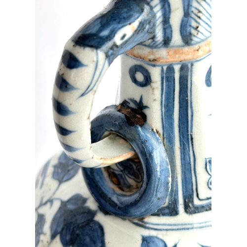 424 - A Chinese blue and white vase in the Yuan manner decorated with birds and double handle, ht. 34cm