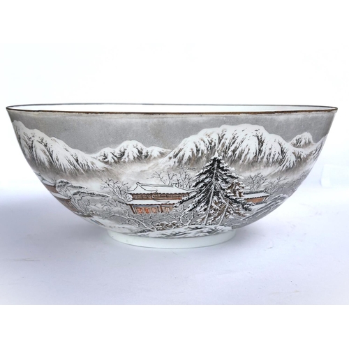 435 - A large Chinese Republic style detailed very fine porcelain hand decorated bowl with snowy mountain ... 