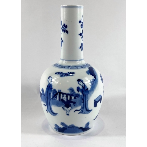 437 - A Chinese blue and white vase with bulbous body and slender neck with traditional scene decoration a... 