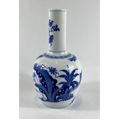 437 - A Chinese blue and white vase with bulbous body and slender neck with traditional scene decoration a... 