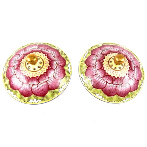 438 - A pair of decorative Chinese lids  with pink flower petal design, gilt finial, 11.5cm