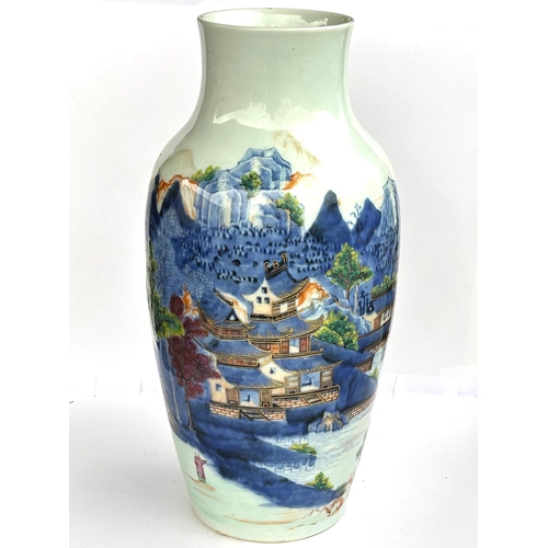 443 - An 18th century Chinese vase, with blue and polychrome village in mountain scene, with highly decora... 