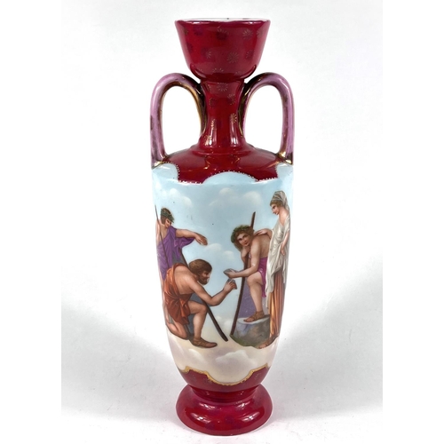 590 - A Vienna style vase with double hoop handles decorated with semi-clad females with cherub against a ... 