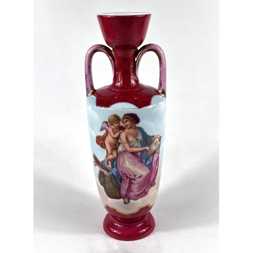 590 - A Vienna style vase with double hoop handles decorated with semi-clad females with cherub against a ... 