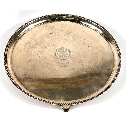 614 - A hallmarked silver salver with rope twist border on three feet with Royal Lancashire Agricultural S... 