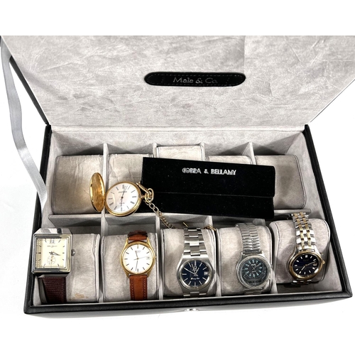 625 - A Mele & Co watch box with 10 sections and two Seiko watches; other watches