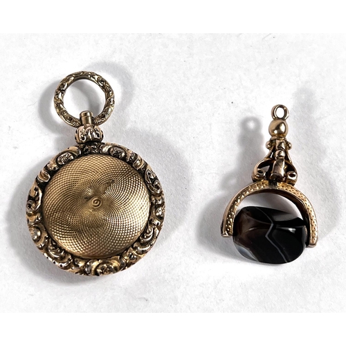 641 - A yellow metal fob set with headstone; a yellow metal pendant mourning locket opening to woven hair ... 