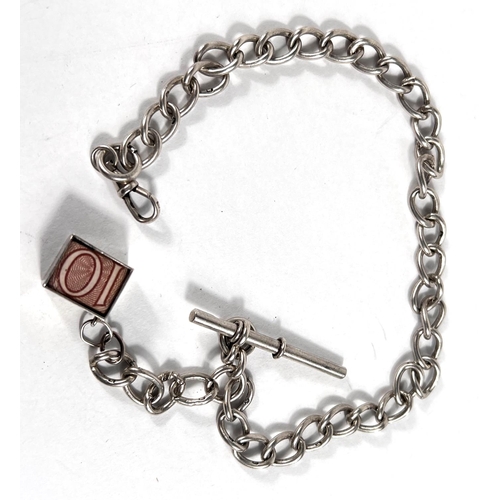 646 - A hallmarked silver watch chain with bar & 10/- note fob, 28.8gm, overall length 30cm.