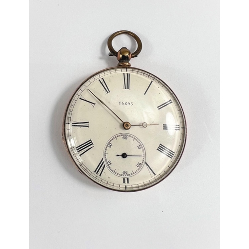 672 - An open faced key wound pocket watch, the backplate stamped '18K', with Swiss movement