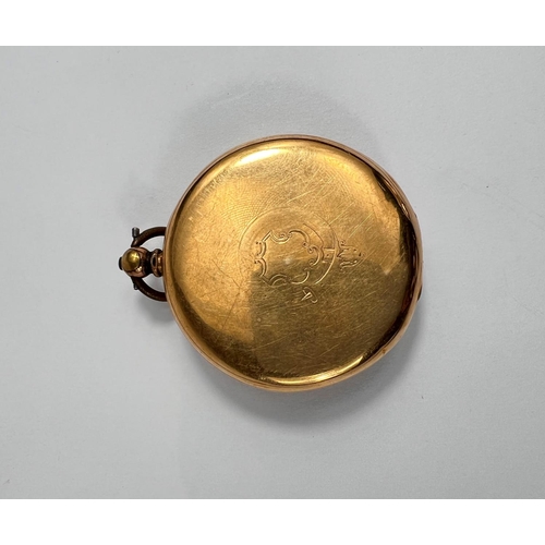 672 - An open faced key wound pocket watch, the backplate stamped '18K', with Swiss movement