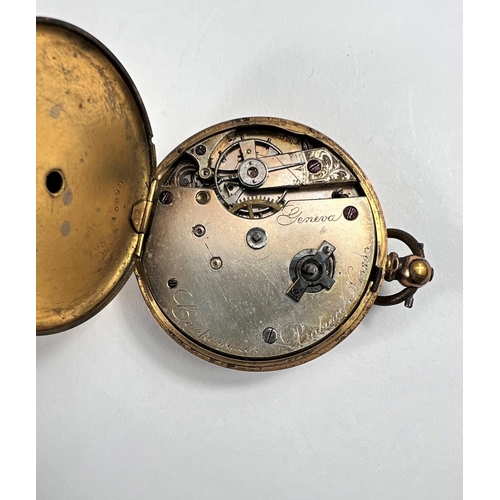 672 - An open faced key wound pocket watch, the backplate stamped '18K', with Swiss movement