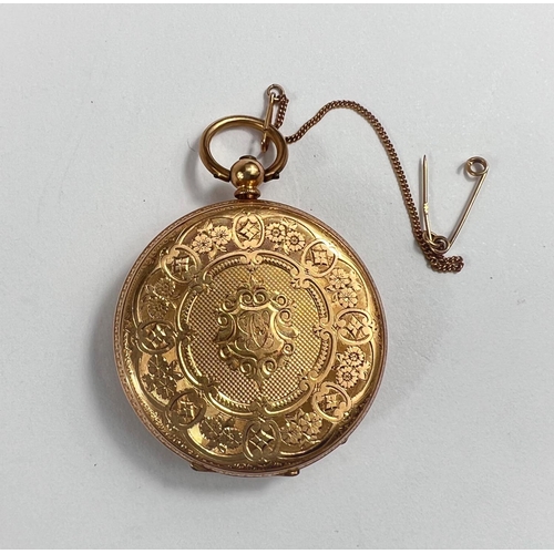 673 - An Edwardian yellow metal fob watch, open faced and key wound with chased decoration, backplate and ... 