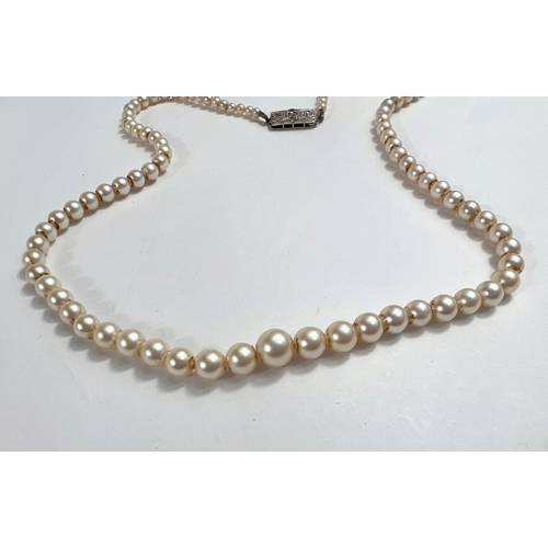 679 - A single strand graduated pearl necklace, with Art Deco style white metal gem set clasp, stamped '9c... 