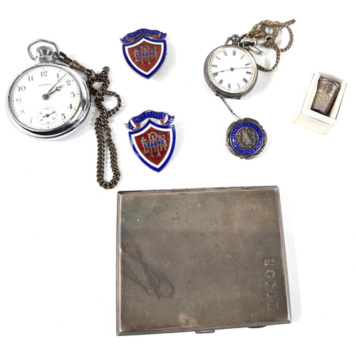 683 - An Edwardian fob watch; a pocket watch; hallmarked silver badges; a hallmarked silver cigarette case... 