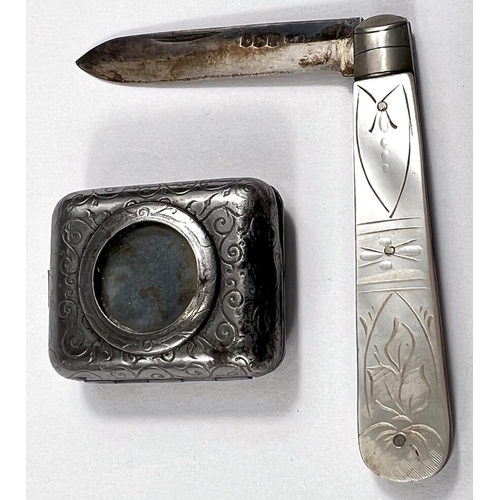 730 - A miniature volume of the Koran in white metal fob case; a hallmarked silver and mother-of-pearl pen... 