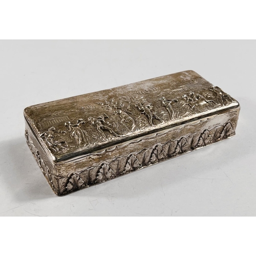 755 - A hallmarked silver rectangular box with embossed decoration of classical figures in procession, Che... 