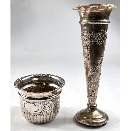 767 - A hallmarked silver tapering vase with folded rim and embossed scroll band, Sheffield 1897, 2.5oz; a... 