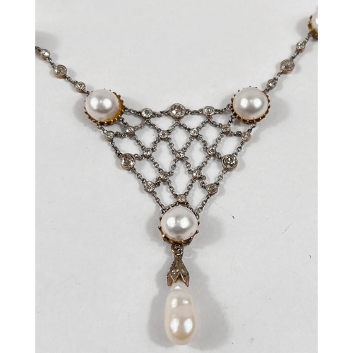 800 - An Art Deco style white metal pendant necklace , 20.31gm, set graduating pearls alternating with dia... 