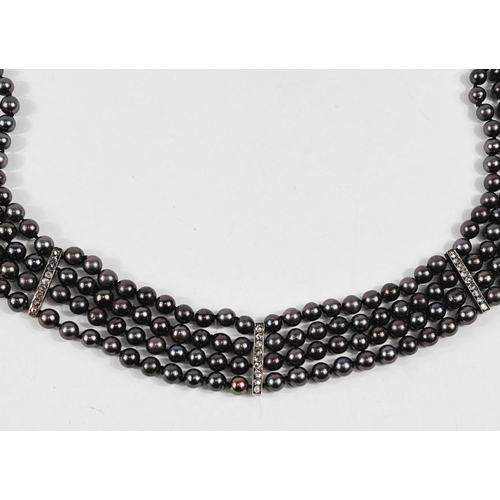 802 - A choker necklace formed from 4 strands of black pearls, 3 vertical decorative bars each set 9 old c... 