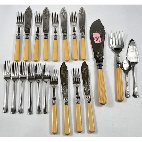 819 - An EPNS fish service of 6 knives and forks and similar pair of servers; 6 silver plated pastry forks... 